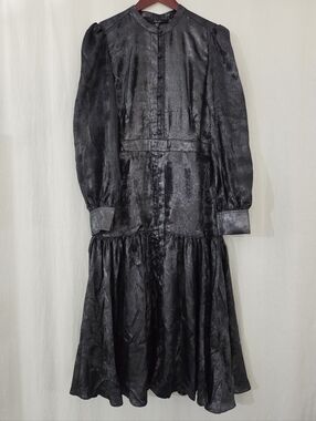 La Joie Black Long Sleeve Button Front Shimmer Maxi Dress in Gray Black